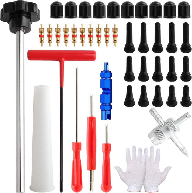 ZHSMS 45 PCS Valve Stem Core Removal Replacement Tool Kit, Tire Valve Stem Removal Tool and TR412, TR413, TR414 Tire Snap in Short Rubber Valve Stem, 4 Way Valve Core Remover - Image 1